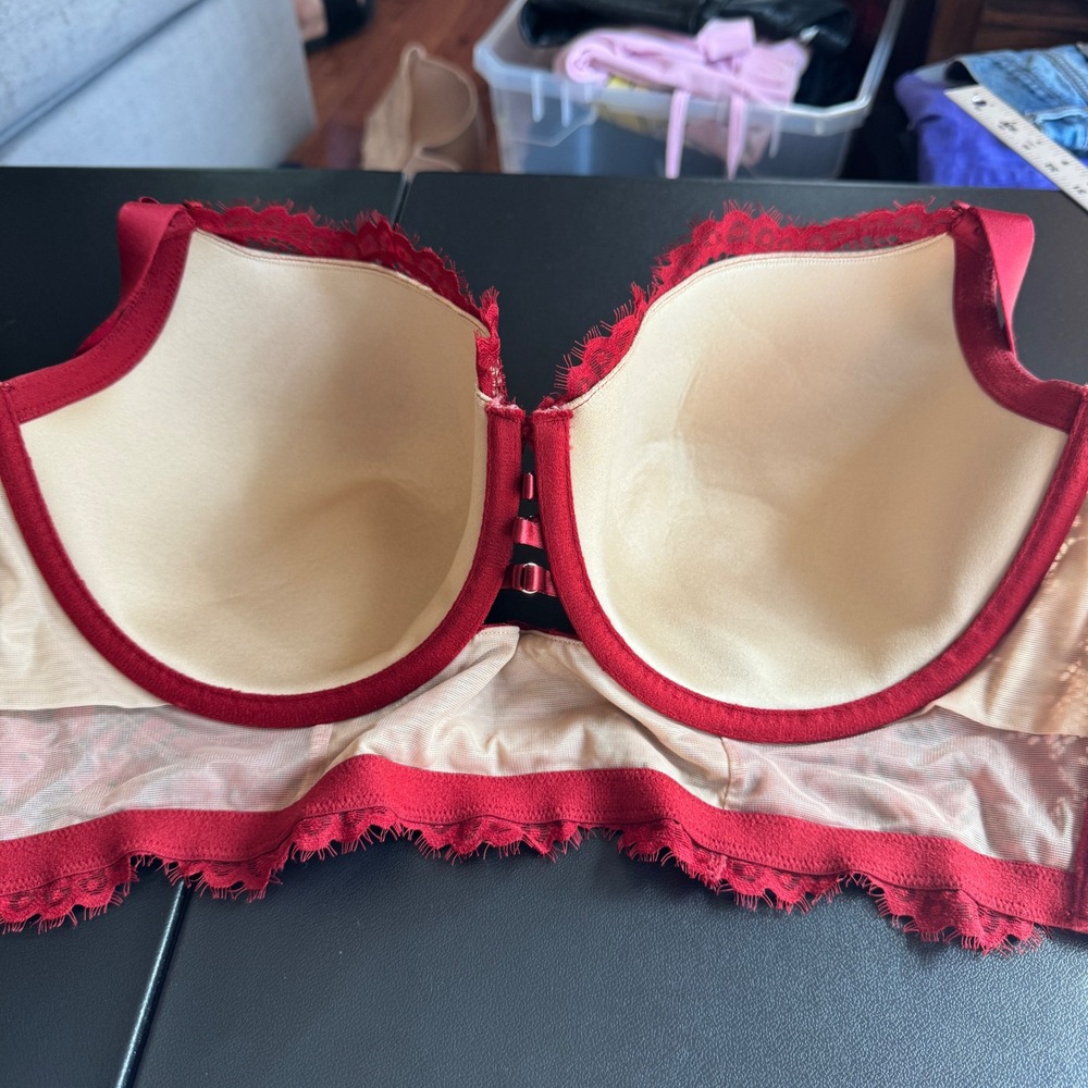 Cacique Womens Longline Balconette Bra 42DD Red Floral Lace Strappy Romantic - Picture 4 of 8